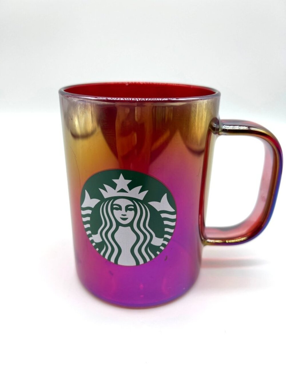 Starbucks 2019 Gradient Iridescent Glass Mug Red & Gold With Handle 14oz
